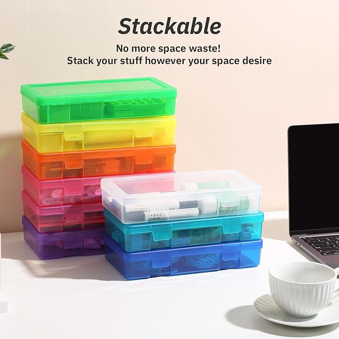 novelinks Stackable Plastic Clear Storage Box Containers with Latching Lid - Art Craft Supply Organizer Storage Containers for Pencil Box, Crayon, Beads, Jewelry (9 Pack Medium -Color)