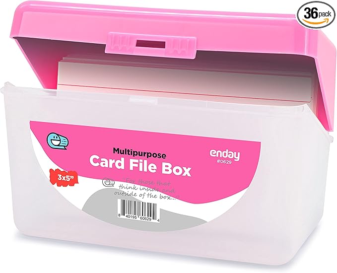 Enday Index Card Holder Pink, 3x5 Note Flash Card Organizer Case, Index Card File w/flip top, Notecard Recipe, Holder, Holds 250 Cards, Also Available in Purple, Red, Green, Blue, Grey (36 PC)
