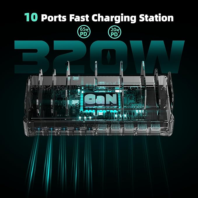 Charging Station for Multiple Devices, Zobirez 10-Port USB C Fast Charger Stations for MacBook, iPhone, Android Cell Phone, iPad, Tablet, Family Multi-Device Organizer Charging Dock, Green