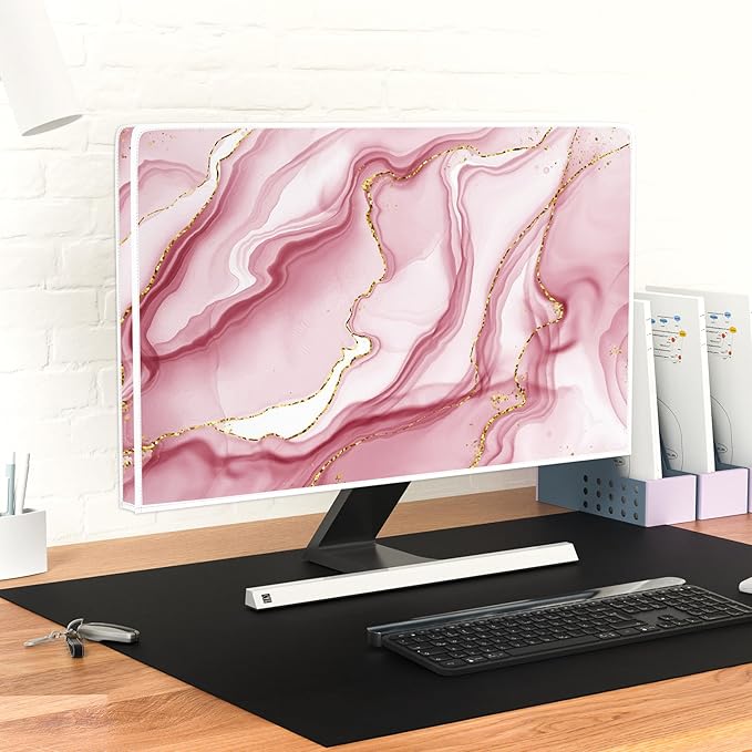Baocicco Gold Pink Marble Waterproof Computer Monitor Dust Cover 22, 23, 24, 25 Inch Monitor Accessories Laptop TV LCD Screen Decoration for Tablet Anti-Static Dustproof Protective for Home Office