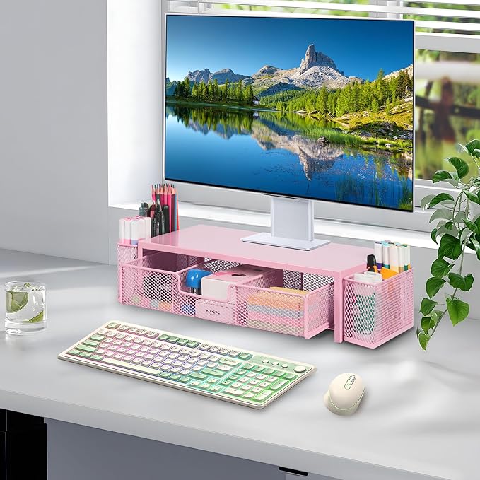 Qupui Computer Monitor Stand Riser with Drawer and Pen Holders, Desk Organizer Shelf and Accessories, Office Desk Accessories, Office Organization, Pink