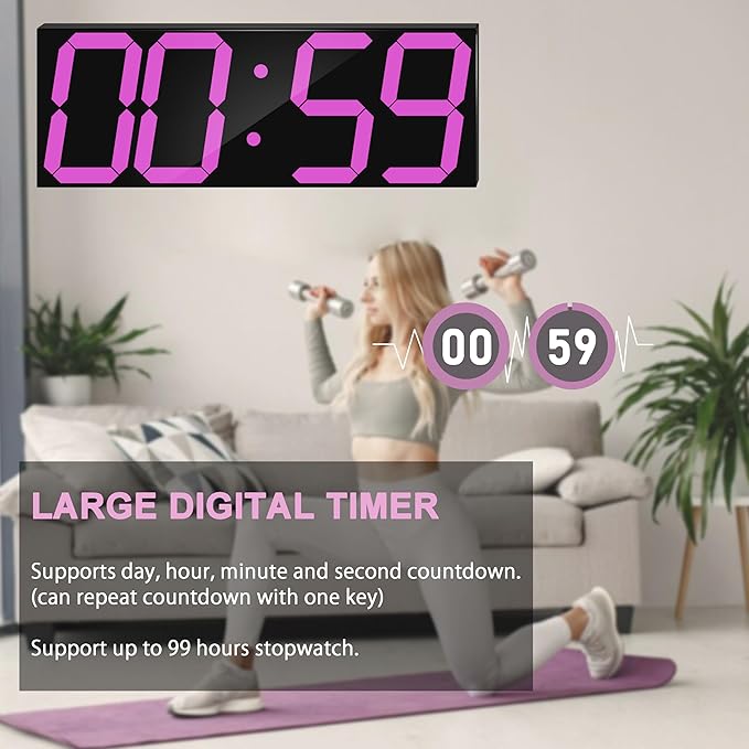 LED Large Digital Wall Clock, Oversize Wall Clock with 6” Numbers, Remote Control Count up/Countdown Timer Clock, Auto Dimmer, Big Calendar and Thermometer(Purple)