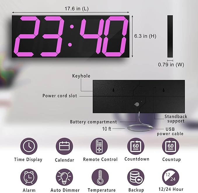 LED Large Digital Wall Clock, Oversize Wall Clock with 6” Numbers, Remote Control Count up/Countdown Timer Clock, Auto Dimmer, Big Calendar and Thermometer(Purple)