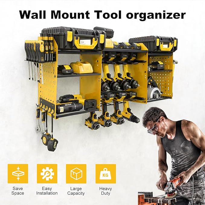 Power Tool Organizer Wall Mount with Charging Station, Heavy Duty Metal Cordless Drill Holder, Garage Tool Storage Battery Rack with 8 Outlet, Gift for Men Husband Dad Birthday Anniversary Yellow