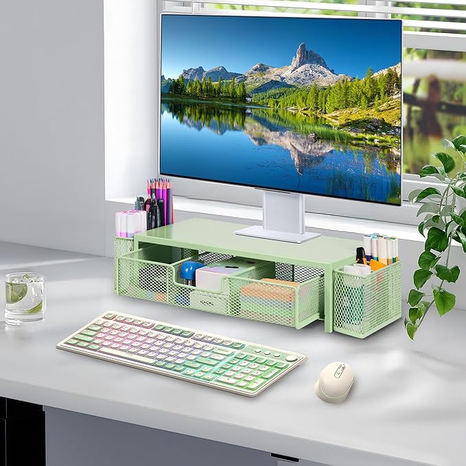 Qupui Computer Monitor Stand Riser with Drawer and Pen Holders, Desk Organizer Shelf and Accessories, Office Desk Accessories, Office Organization, Green