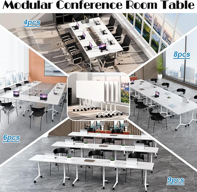 Conference Table Flip Top Mobile Conference Room Tables,Folding Conference Table with Wheels,Large Meeting Training Seminar Table Saving Space for Office Classroom (6, White, 70.8'')