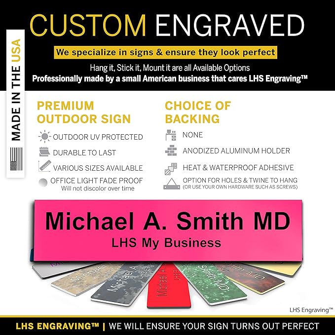 Custom Name Plate with Choice of Mounting for Walls, Doors, Desk Holders, Cubicles, Hanging and More - Personalized Ribbon Pink Plastic Black Letters - USA Made 2x8 - B12