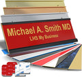 Personalized Name Plate with Choice of Mounting Holders for Walls, Doors, Cubicles, Hanging and More - Custom Red Plastic Gold Letters - USA Made 2x12 B17