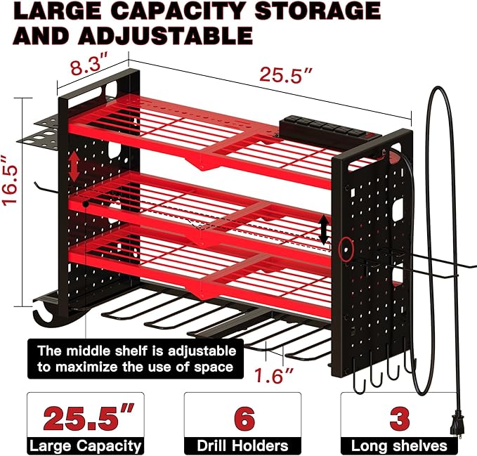 NattyDot Power Tool Organizer Wall Mount with Charging Station 4 Layer 6 Slot Cordless Drill Holder with Angle Grinder Holder (Red)