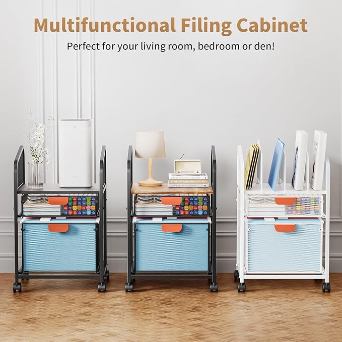 Marbrasse Rolling File Cart with Adjustable Dividers, Mobile File Cabinet on Lockable Wheels, Office Filing Cabinet Organizer, Hanging File Folder Organizer for Home Office - Dark Brown