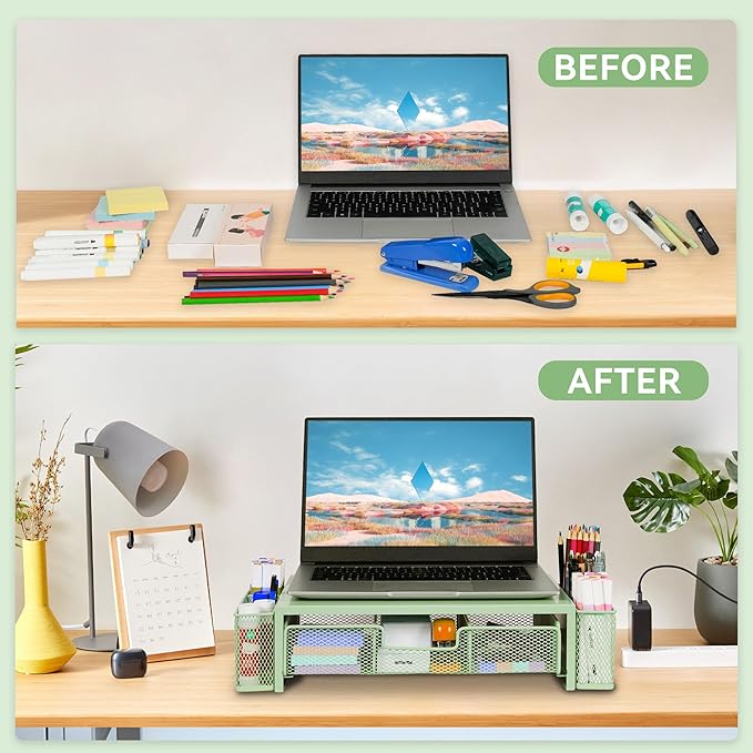 Qupui Computer Monitor Stand Riser with Drawer and Pen Holders, Desk Organizer Shelf and Accessories, Office Desk Accessories, Office Organization, Green