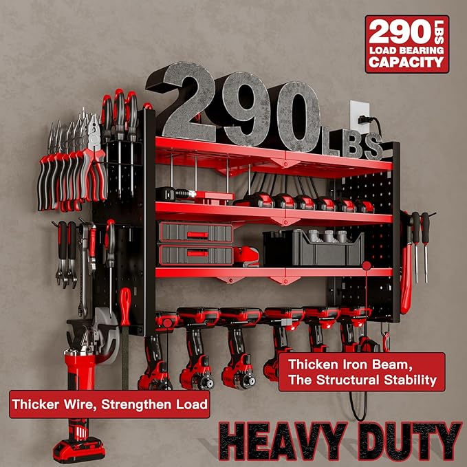 NattyDot Power Tool Organizer Wall Mount with Charging Station 4 Layer 6 Slot Cordless Drill Holder with Angle Grinder Holder (Red)