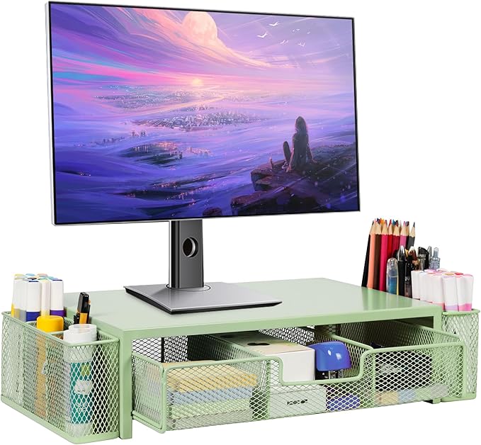 Qupui Computer Monitor Stand Riser with Drawer and Pen Holders, Desk Organizer Shelf and Accessories, Office Desk Accessories, Office Organization, Green