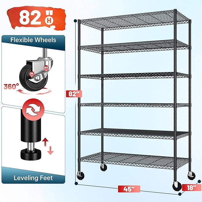 Romorgniz 82" H X45 W X18 D Storage Shelves with Wheels, 6 Tier Wire Shelving Adjustable Metal Shelving Pantry Shelves Capacity 1200LBS for Garage Shelving, Pantry, Kitchen, Closet, Commercial, Black