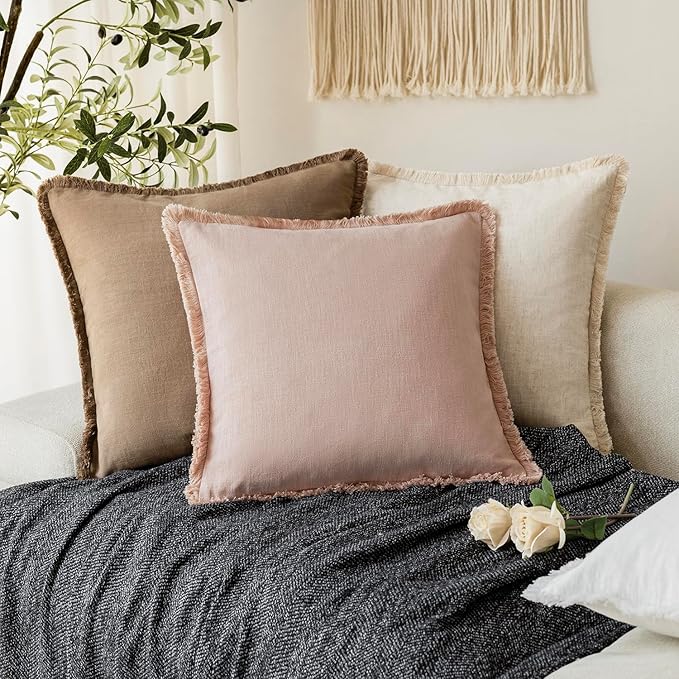 Foindtower Set of 2 Decorative Linen Fringe Throw Pillow Covers Boho Farmhouse Cushion Cover with Tassels Soft Accent Pillowcase for Couch Chair Sofa Bed Living Room Home Decor,24×24 Inch,Light Pink