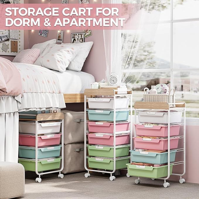Rolling Storage Utility Cart With 4 Drawers,Kids Craft Art Cart,Makeup Organizer And Storage with Wooden Tabletop,Rainbow