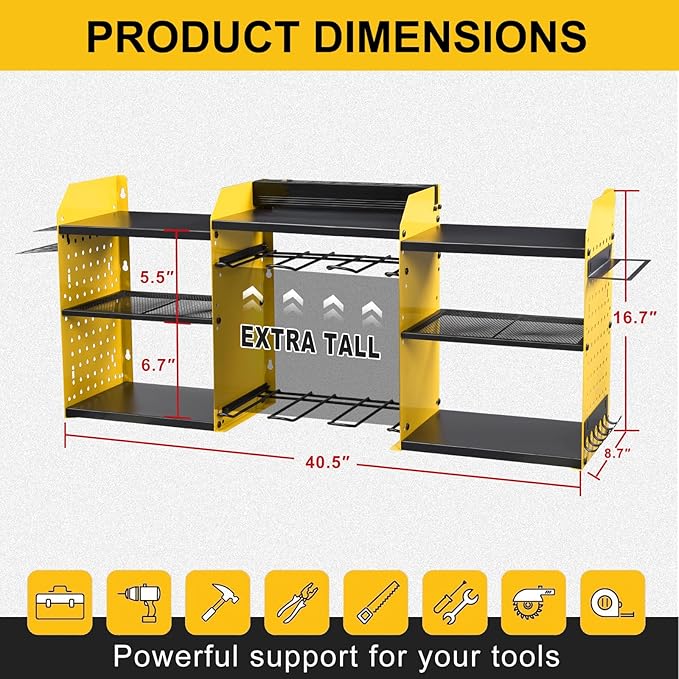 Power Tool Organizer Wall Mount with Charging Station, Heavy Duty Metal Cordless Drill Holder, Garage Tool Storage Battery Rack with 8 Outlet, Gift for Men Husband Dad Birthday Anniversary Yellow