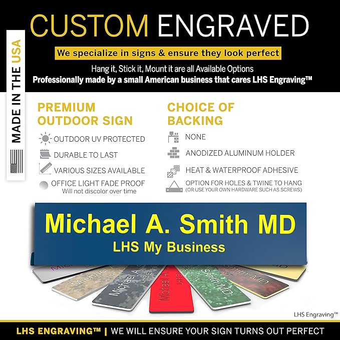 Custom Name Plate with Choice of Mounting for Walls, Doors, Cubicles, Hanging and More - Personalized Blue Plastic Yellow Letters - USA Made 2x12 - B20
