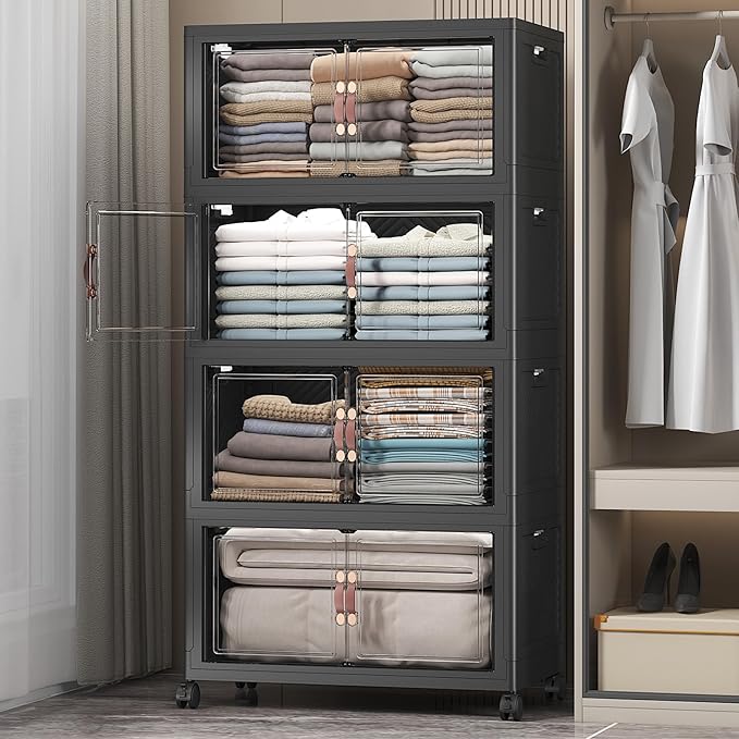 UAMFURI Extra Large Stackable Storage Bins with Lids & Wheels & Door, 448QT-112QT/28GAL*4Pack Foldable Collapsible Closet Organizers, Plastic containers drawers for bedroom Dorm