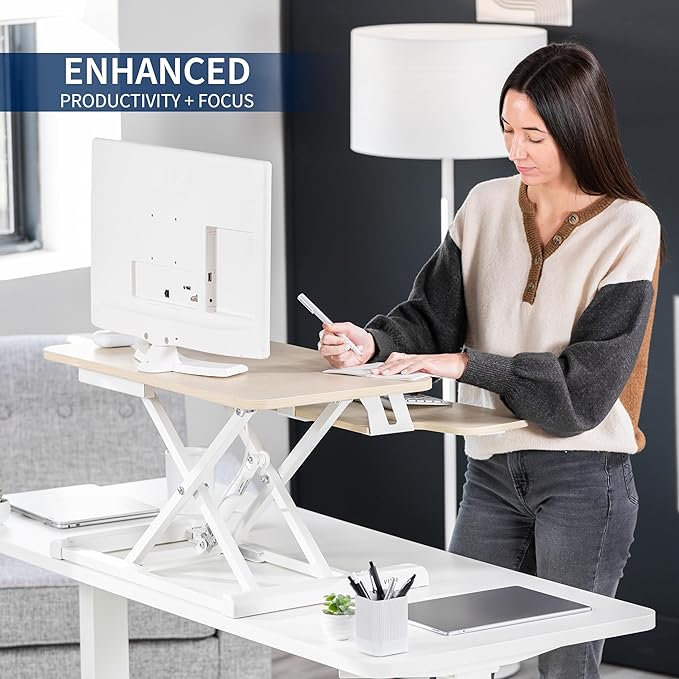 VIVO 28 inch Desk Converter, K Series, Height Adjustable Sit to Stand Riser, Dual Monitor and Laptop Workstation with Keyboard Tray, Light Wood Top, White Frame, DESK-V028KF