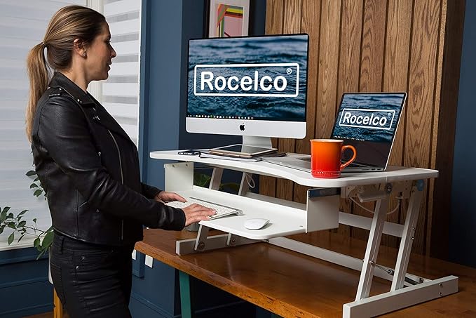 Rocelco 37.5" Deluxe Height Adjustable Standing Desk Converter with Anti Fatigue Mat BUNDLE - Quick Sit Stand Up Computer Workstation Riser - Large Retractable Keyboard Tray - White (R DADRW-MAFM)