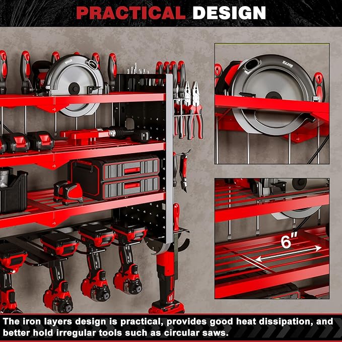NattyDot Power Tool Organizer Wall Mount with Charging Station 4 Layer 6 Slot Cordless Drill Holder with Angle Grinder Holder (Red)
