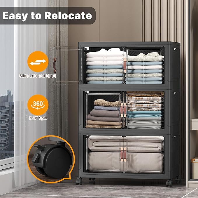 UAMFURI Extra Large Stackable Storage Bins with Lids & Wheels & Door, 336QT-112QT/28GAL*3Pack Foldable Collapsible Closet Organizers, Plastic containers drawers for bedroom Dorm