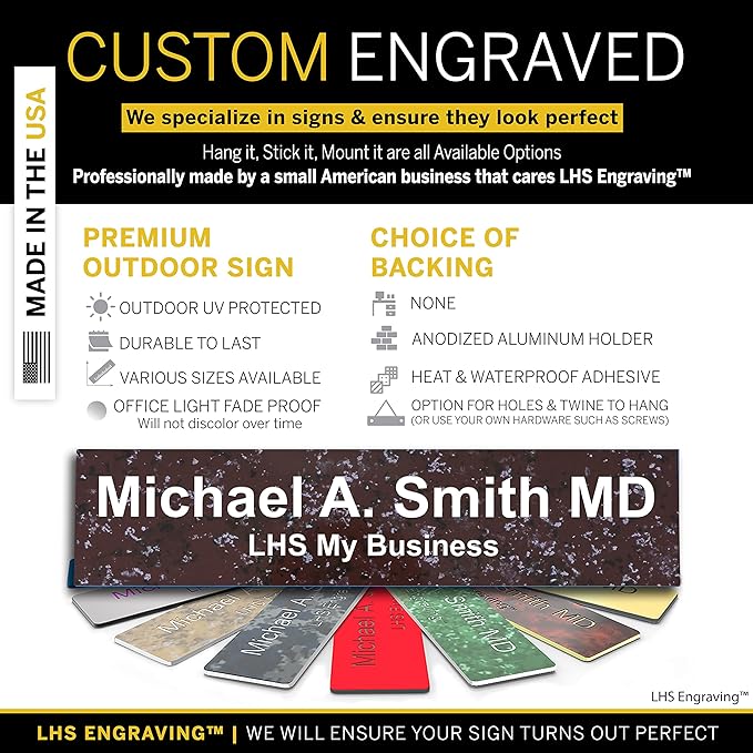 Custom Name Plate for Doors, with Choice of Mounting Holders for Walls, Doors, Cubicles, Hanging and More - Personalized Canberry Marble Plastic White Letters - USA Made 2x6 - S5