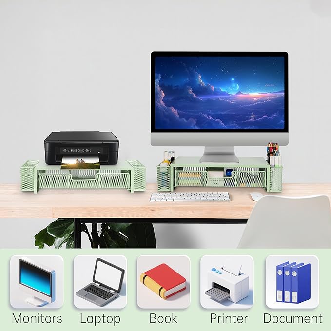 Qupui Computer Monitor Stand Riser with Drawer and Pen Holders, Desk Organizer Shelf and Accessories, Office Desk Accessories, Office Organization, Green