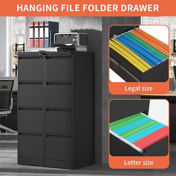 IKIMI 4 Drawer Locking File Cabinet with Wheels,Black Metal Mobile Filing Cabinets,Vertical File Cabinet for Home Office,Rolling Storage Cabinet for A4/Letter/Legal Size File,Assembly Required