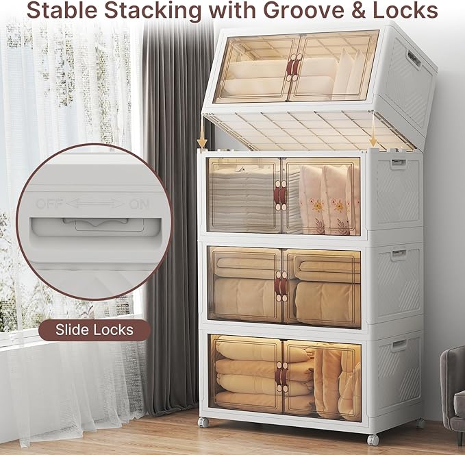 UAMFURI Extra Large Stackable Storage Bins with Lids & Wheels & Door, 660QT-165QT/41GAL*4Pack Foldable Collapsible Closet Organizers, Plastic Containers Drawers for Bedroom Dorm Garage