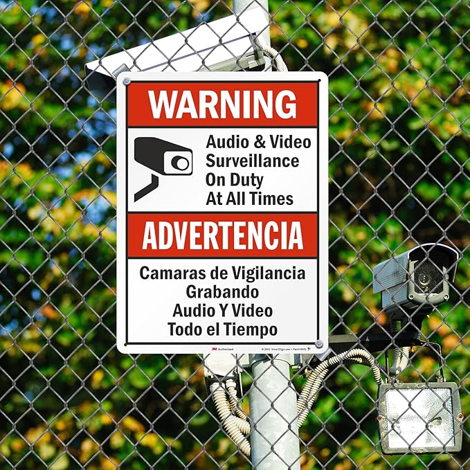 SmartSign 24 x 18 inch “Warning - Audio & Video Surveillance On Duty At All Times” Bilingual Sign, 80 mil Aluminum, 3M Laminated Engineer Grade Reflective Material, Red, Black and White, USA-Made