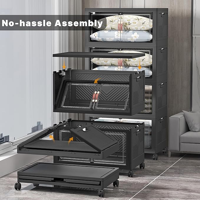 UAMFURI Extra Large Stackable Storage Bins with Lids & Wheels & Door, 640QT-160QT/40GAL*4Pack Foldable Collapsible Closet Organizers, Plastic containers drawers for bedroom Dorm