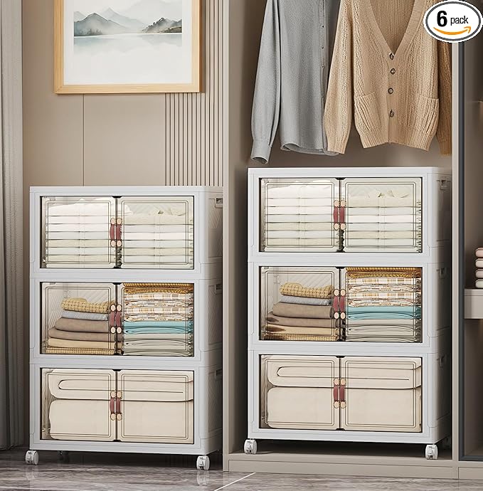 UAMFURI Extra Large Stackable Storage Bins with Lids & Wheels & Door, 672QT-112QT/28GAL*6Pack Foldable Collapsible Closet Organizers, Plastic containers drawers for bedroom Dorm