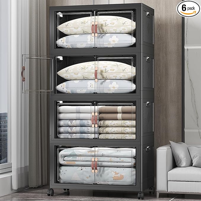 UAMFURI Extra Large Stackable Storage Bins with Lids & Wheels & Door, 640QT-160QT/40GAL*4Pack Foldable Collapsible Closet Organizers, Plastic containers drawers for bedroom Dorm