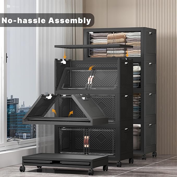 UAMFURI Extra Large Stackable Storage Bins with Lids & Wheels & Door, 448QT-112QT/28GAL*4Pack Foldable Collapsible Closet Organizers, Plastic containers drawers for bedroom Dorm