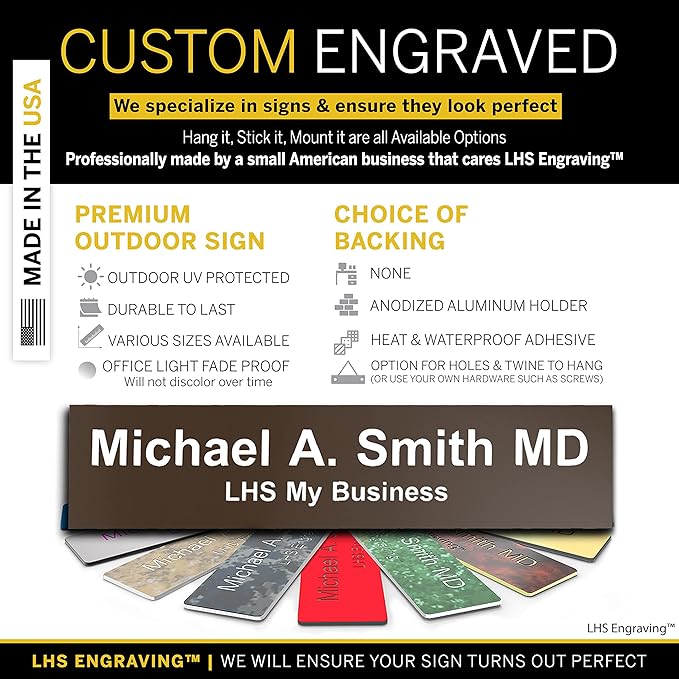 Custom Name Plate with Choice of Mounting for Walls, Doors, Cubicles, Hanging and More - Personalized Brown Plastic White Letters - USA Made 2x10 - B25
