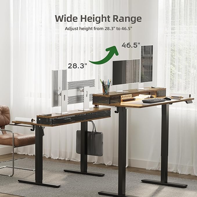 Claiks Electric Standing Desk with Shelf, 55 Inch Height Adjustable Standing Desk with LED Lights & Monitor Stand, Black Frame/Rustic Brown Top