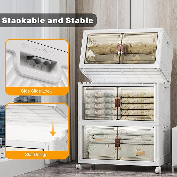 UAMFURI Extra Large Stackable Storage Bins with Lids & Wheels & Door, 672QT-112QT/28GAL*6Pack Foldable Collapsible Closet Organizers, Plastic containers drawers for bedroom Dorm