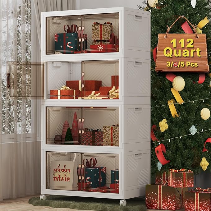 UAMFURI Extra Large Stackable Storage Bins with Lids & Wheels & Door, 448QT-112QT/28GAL*4Pack Foldable Collapsible Closet Organizers, Plastic containers drawers for bedroom Dorm