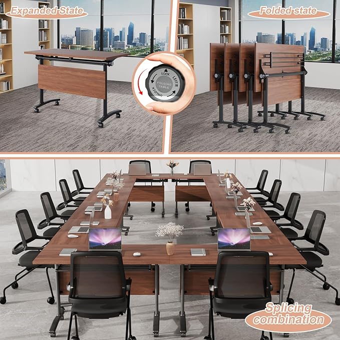 Conference Table Flip Top Mobile Conference Room Tables,Folding Conference Table with Wheels,Large Meeting Training Seminar Table Saving Space for Office Classroom(12D,55.1'')