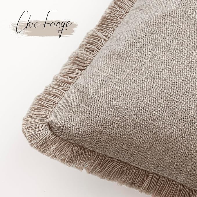 Foindtower Set of 2 Decorative Linen Fringe Throw Pillow Covers Farmhouse Cushion Cover with Tassels Soft Accent Pillowcase for Couch Chair Sofa Bed Living Room Home Decor,24×24 Inch,Natural Linen