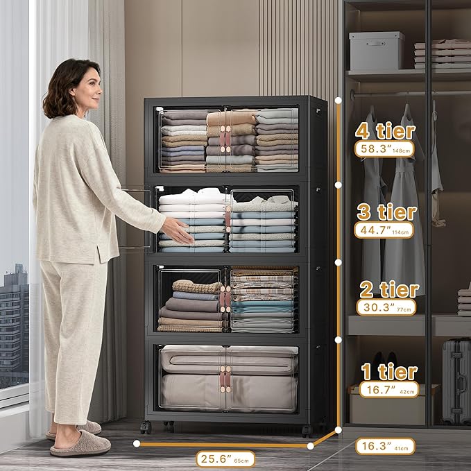 UAMFURI Extra Large Stackable Storage Bins with Lids & Wheels & Door, 896QT-112QT/28GAL*8Pack Foldable Collapsible Closet Organizers, Plastic containers drawers for bedroom Dorm