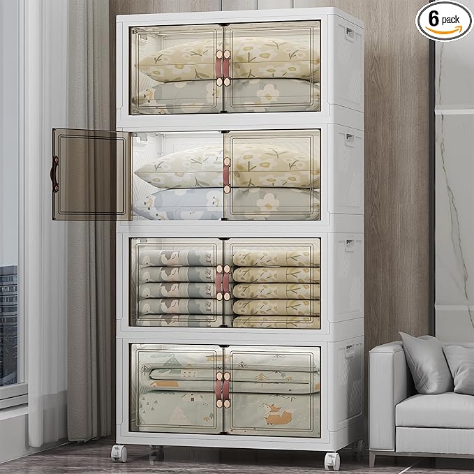 UAMFURI Extra Large Stackable Storage Bins with Lids & Wheels & Door, 640QT-160QT/40GAL*4Pack Foldable Collapsible Closet Organizers, Plastic Containers Drawers for Bedroom Dorm Garage Sturdy MAX