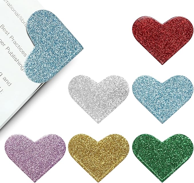 Leather Heart Bookmarks - Winjeto 6 Pieces Cute Corner Page Book Marks for Teachers Students Book Reading Lovers, for School Office Home Supplies (Glitter（6pcs）)