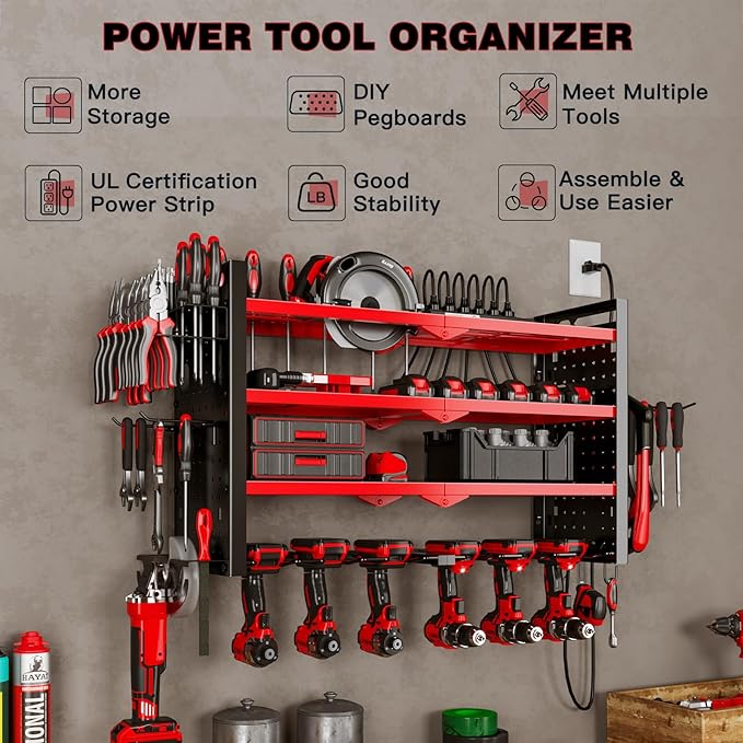 NattyDot Power Tool Organizer Wall Mount with Charging Station 4 Layer 6 Slot Cordless Drill Holder with Angle Grinder Holder (Red)