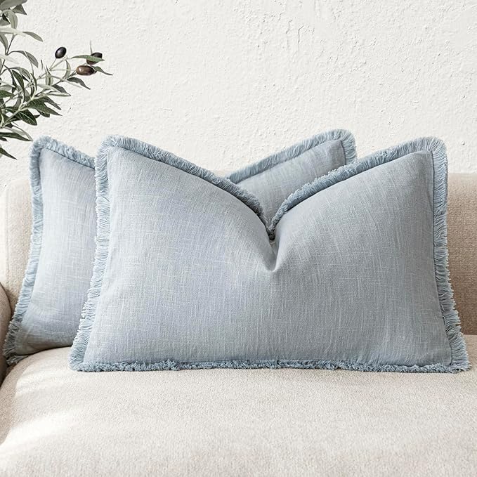 Foindtower Set of 2 Decorative Linen Fringe Lumbar Throw Pillow Covers Boho Farmhouse Cushion Cover with Tassels Soft Accent Pillowcase for Couch Sofa Bed Living Room Home Decor,12×24 Inch,Sky Blue