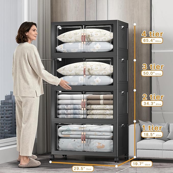 UAMFURI Extra Large Stackable Storage Bins with Lids & Wheels & Door, 640QT-160QT/40GAL*4Pack Foldable Collapsible Closet Organizers, Plastic containers drawers for bedroom Dorm