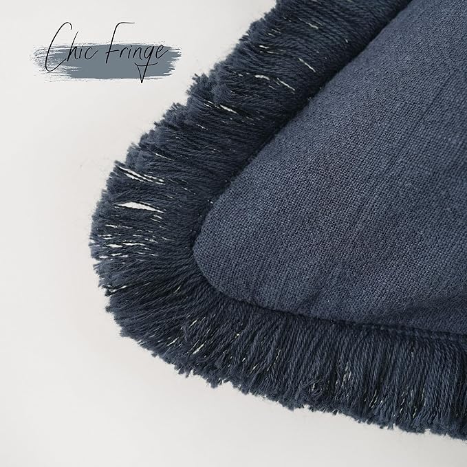 Foindtower Set of 2 Decorative Linen Fringe Throw Pillow Covers Boho Farmhouse Cushion Cover with Tassels Accent Pillowcase for Couch Bed Sofa Living Room Home Bedroom Decor, 12×24 Inch, Navy Blue
