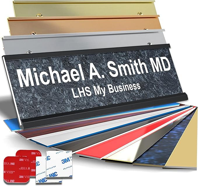 Personalized Name Plate with Choice of Mounting for Walls, Doors, Desk Holders, Cubicles, Hanging and More - Custom Mojave Black Plastic White Letters - USA Made 2x8 - N8